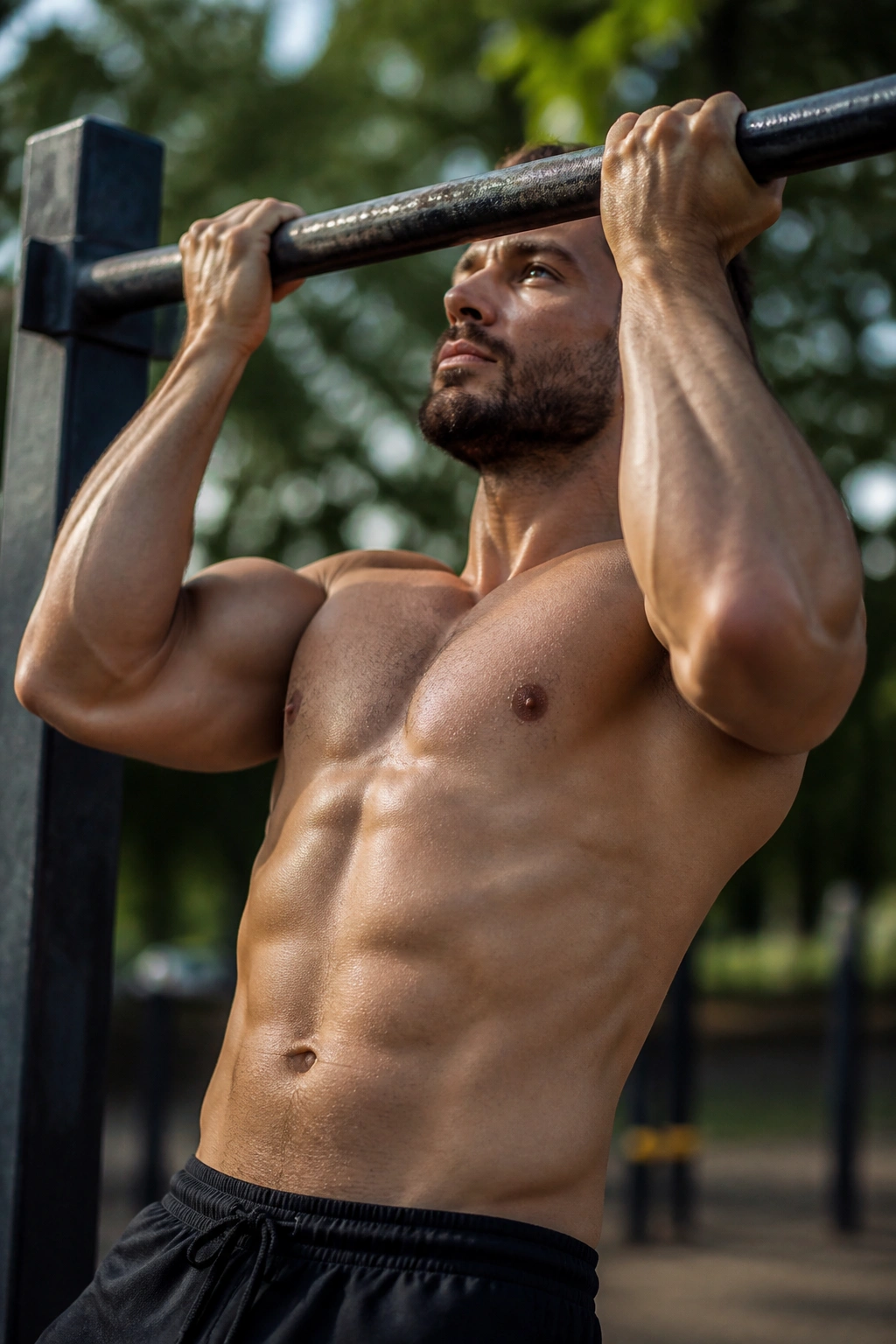 Close up of a person performing chin ups showing flexed biceps on an outdoor gym bar