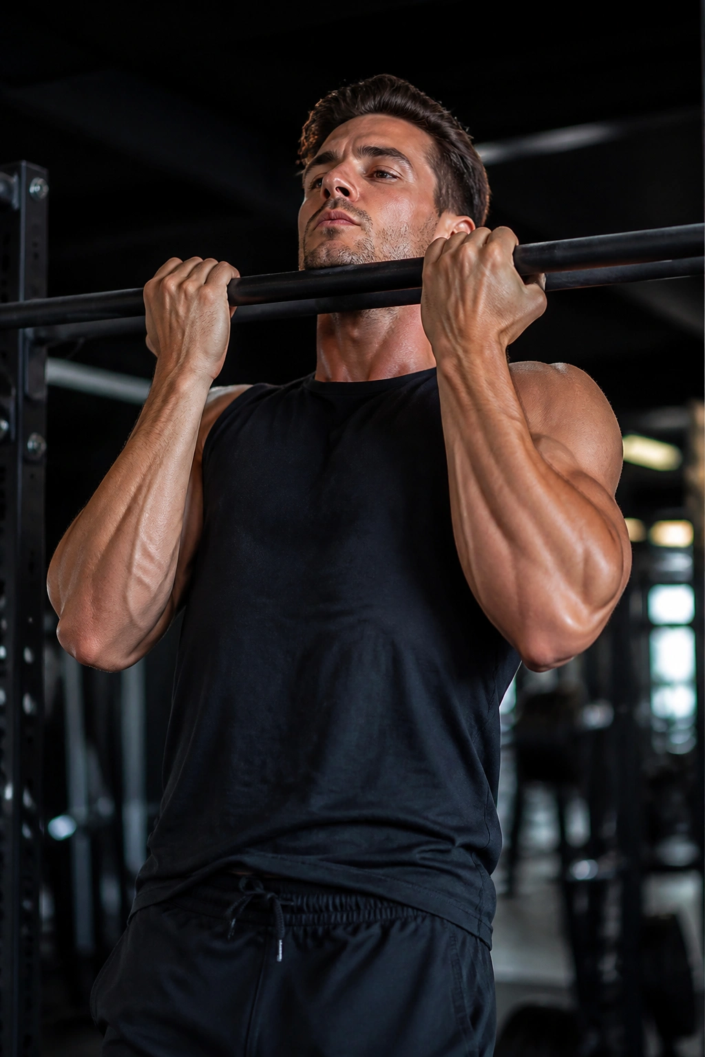 Athlete performing chin-up with biceps engaged