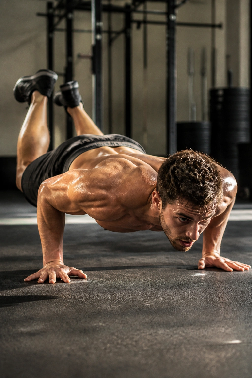 Close-up of an athlete performing a burpee in a gym during the chipper workout.