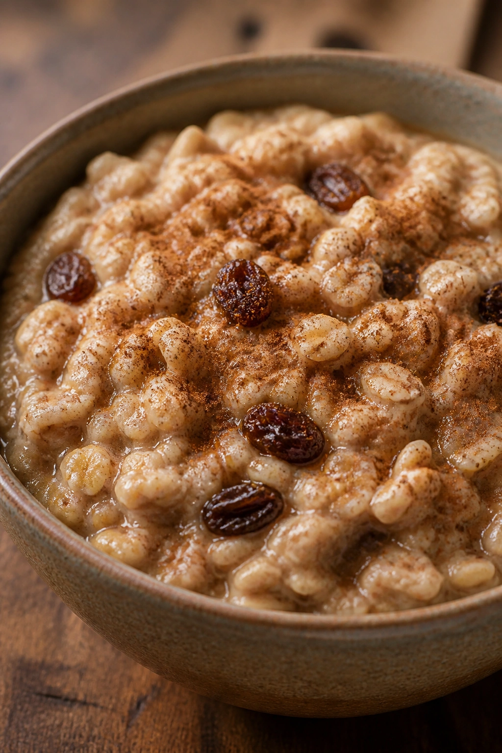 Close-up of cinnamon oatmeal with raisins in a bowl