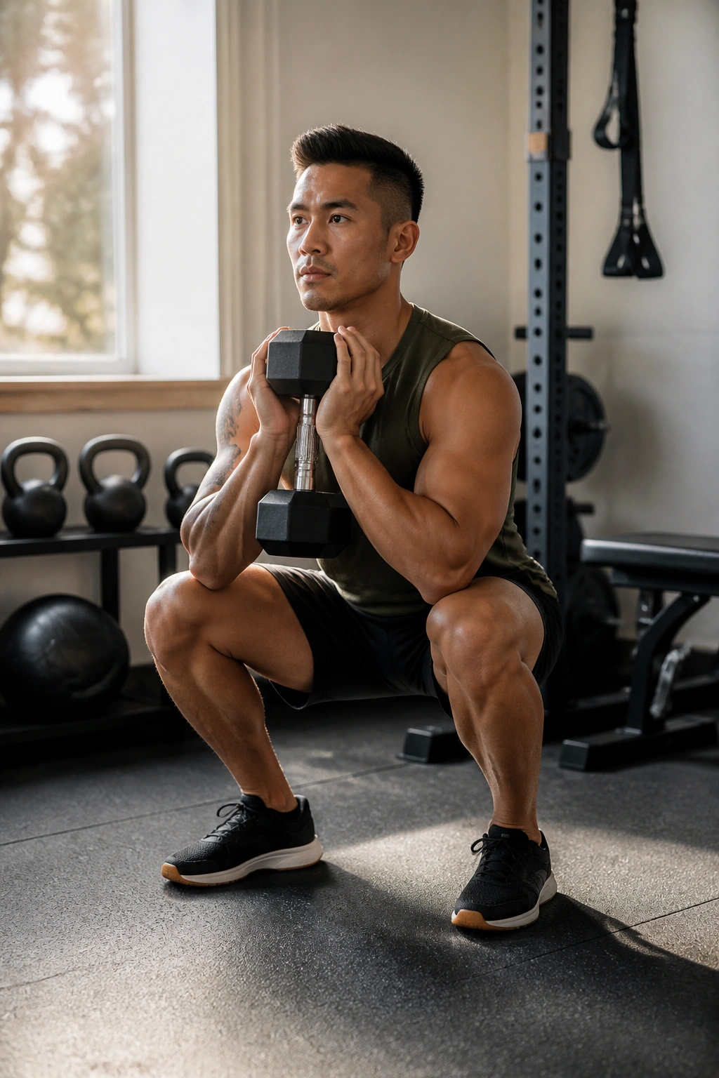 Person performing goblet squat in a compact gym space