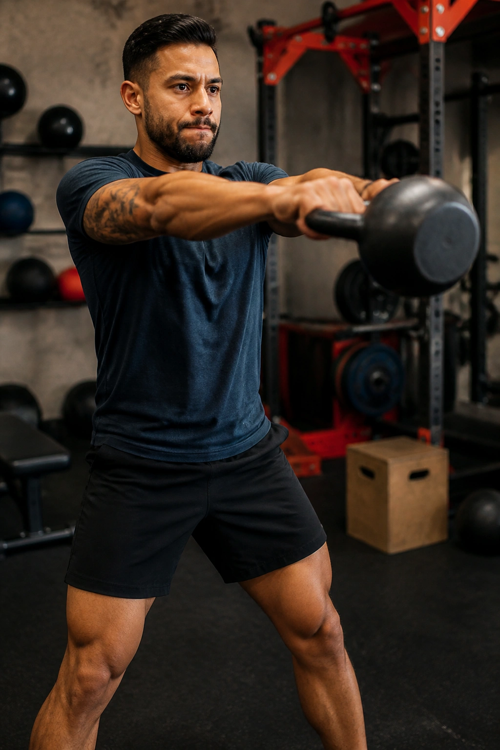 Athlete performing a fast circuit in a gym with blurred background equipment