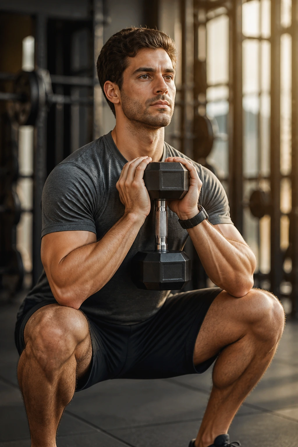 Close-up of lifter performing goblet squat in gym