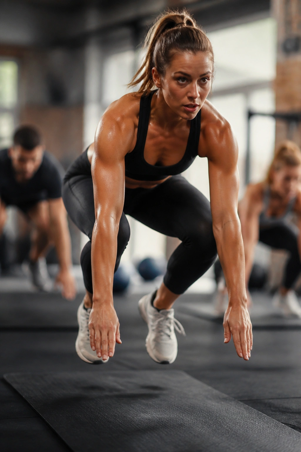 Close-up of a person performing a plyometric move in a total-body circuit
