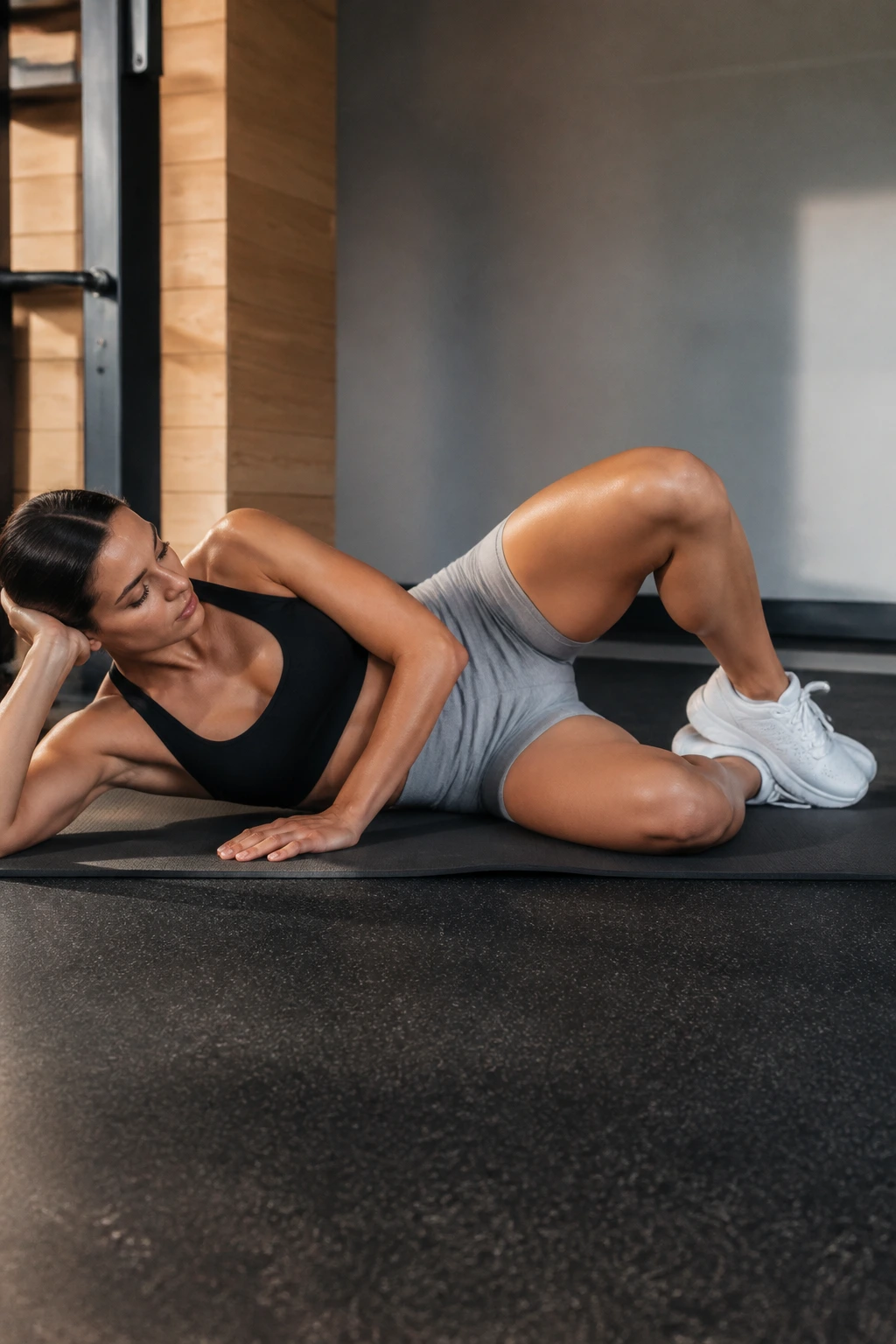 Side view of a person performing clamshells to isolate gluteus medius with stacked hips