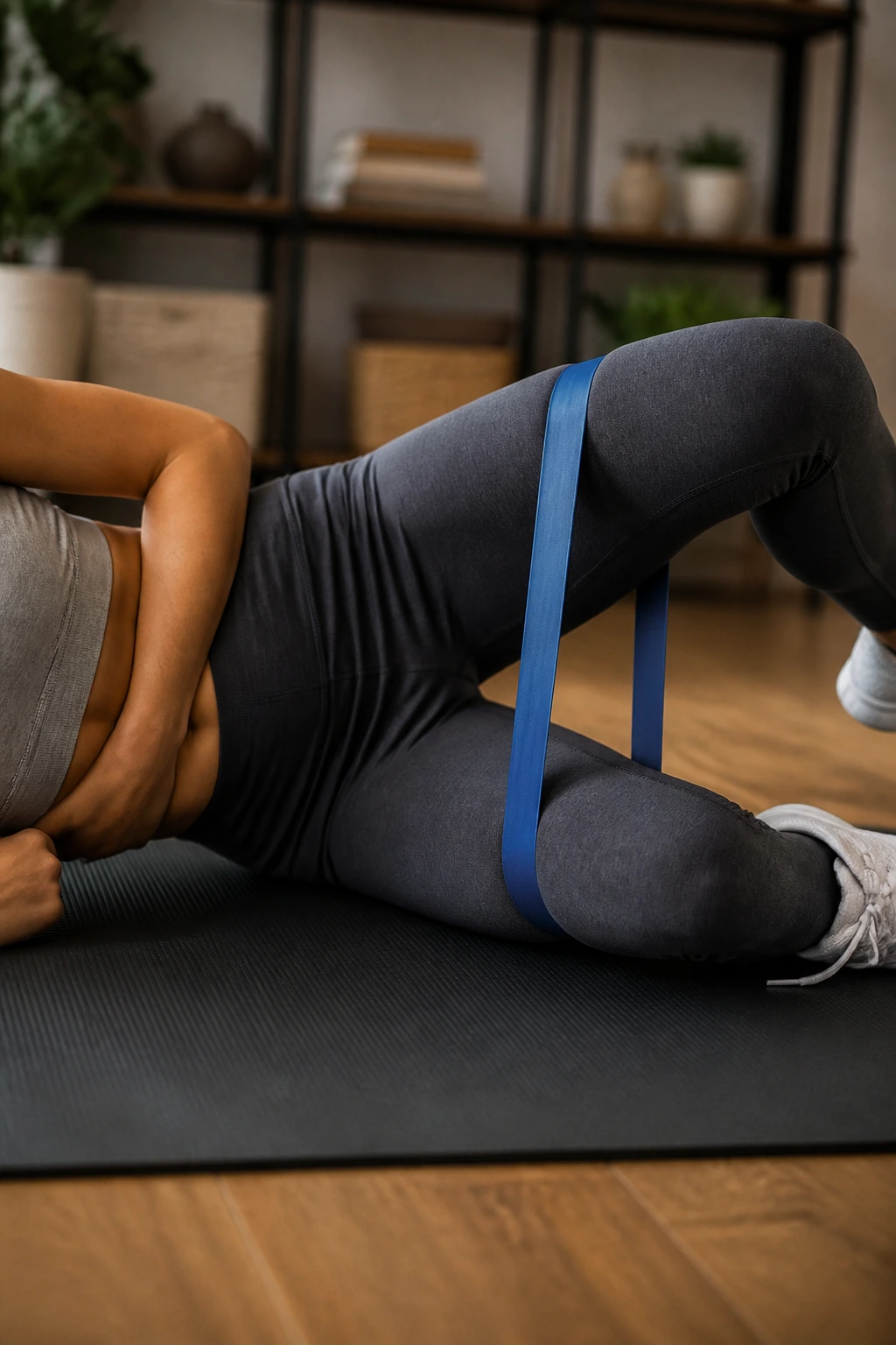 Side-lying clamshell with mini band above the knees on a real person.