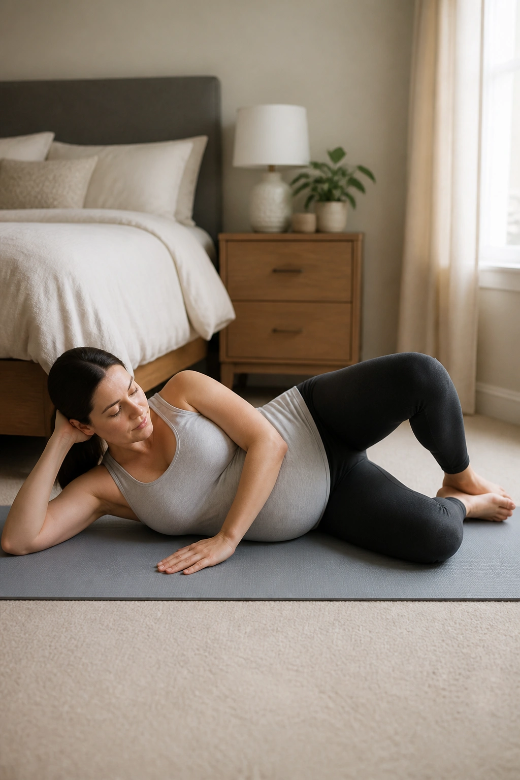 Pregnant woman performing clamshells on a mat.