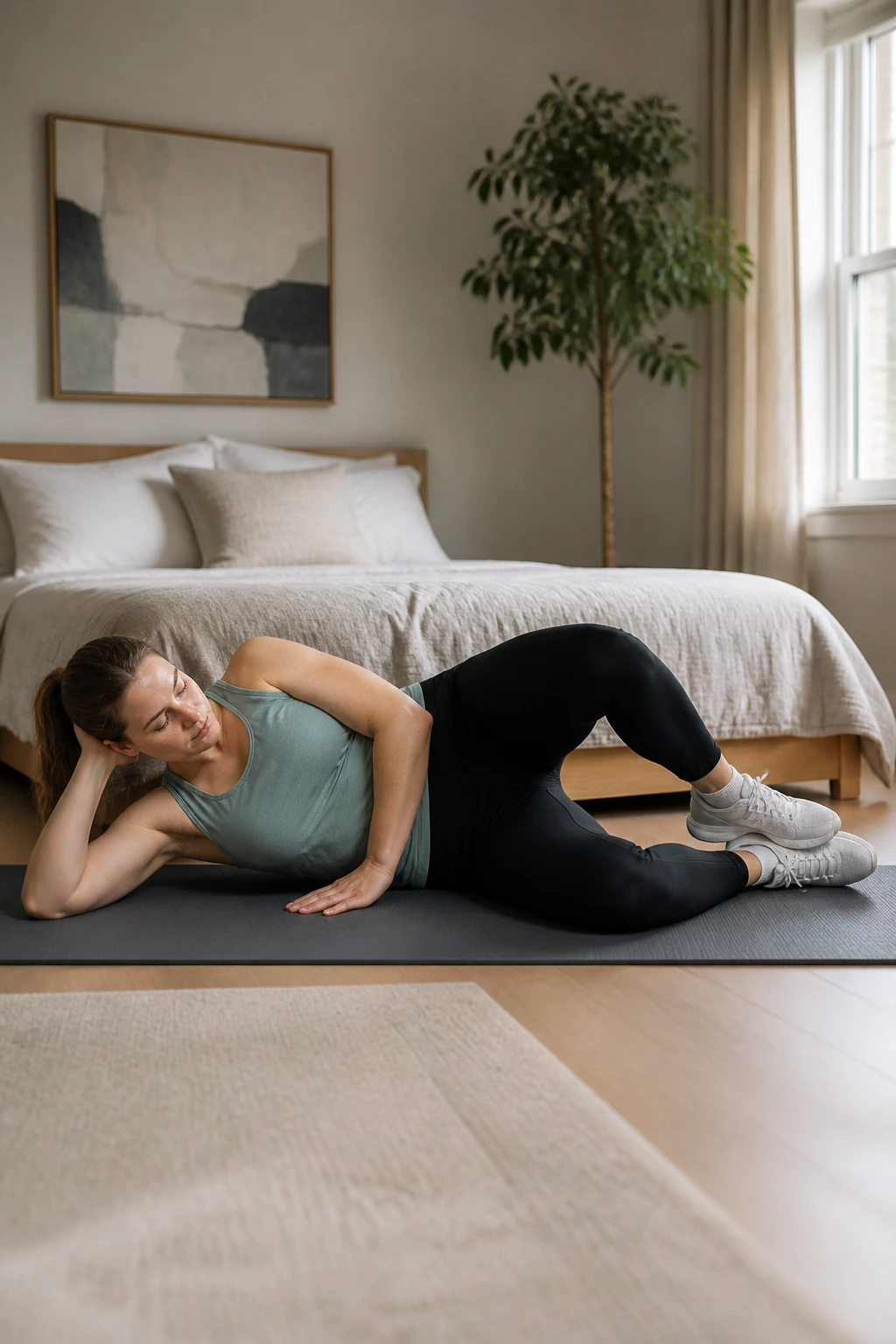 Side view of person performing clamshell exercise on mat