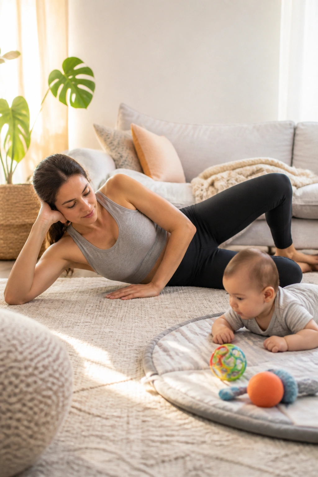 Side-lying clamshell exercise with baby nearby on floor