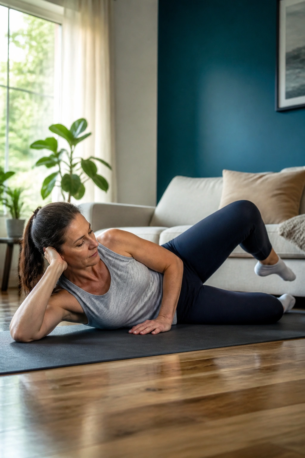 Side view of a person doing clamshells on a mat in a cozy room