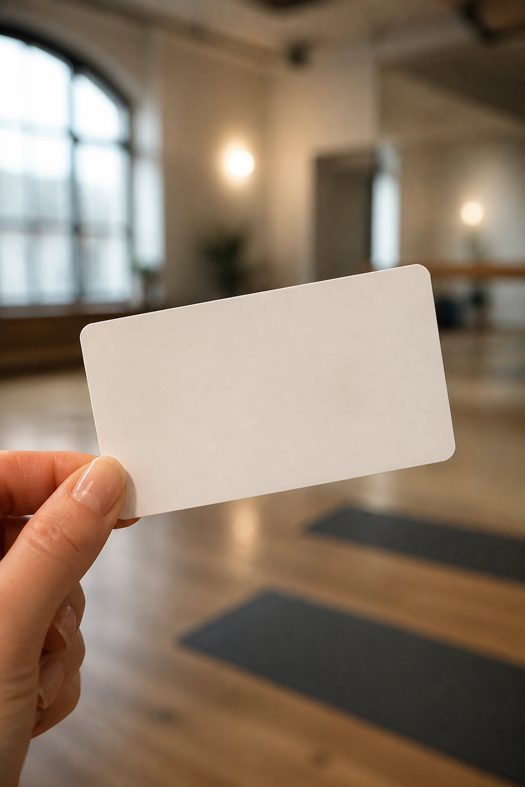 Blank class pass card in hand with studio background