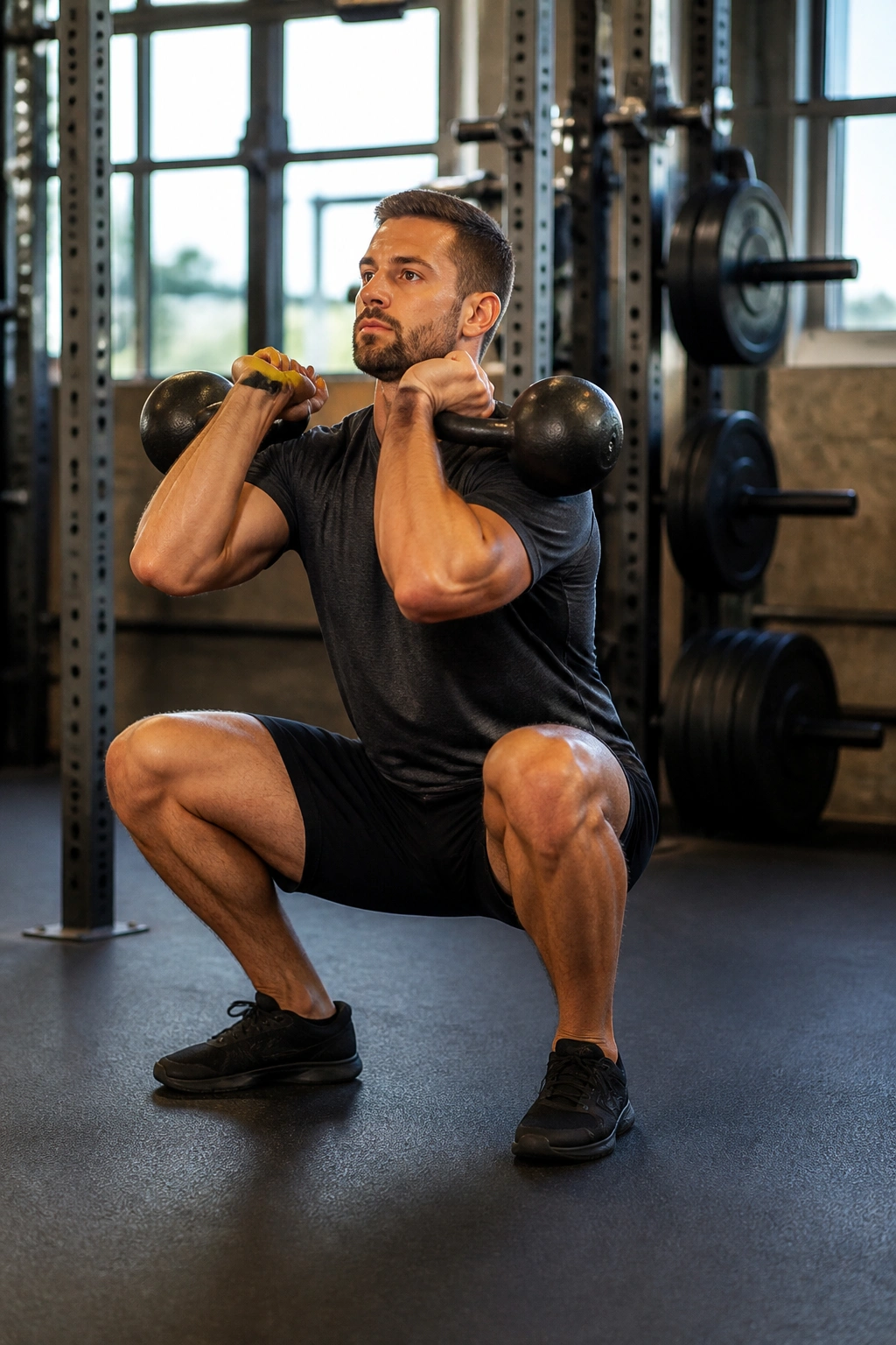 Lifter performing clean to front squat in gym