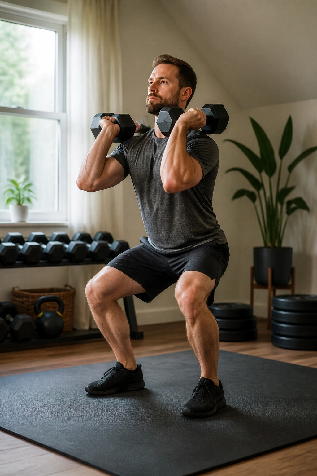 Athlete performing clean to front squat to press in a living room gym