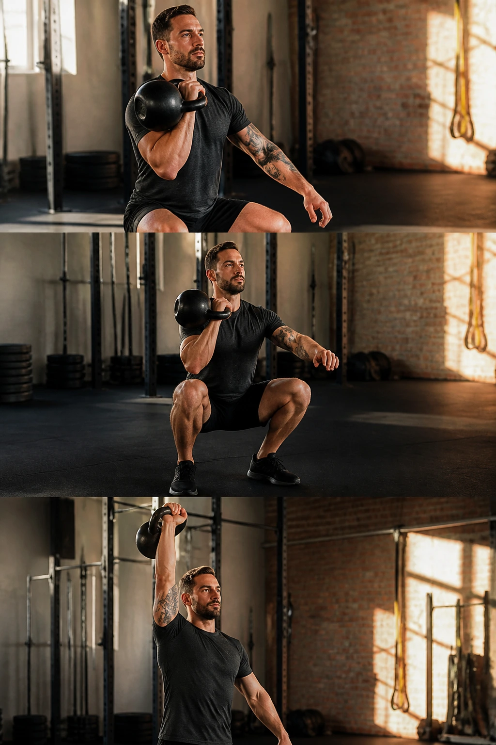 Medium close-up of a person performing clean, front squat, and press with a kettlebell in a gym