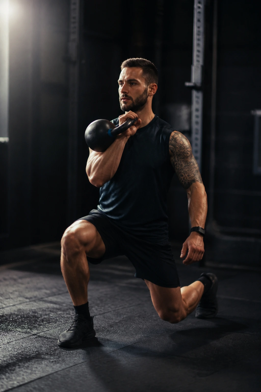 Athlete performing a clean into reverse lunge with kettlebell in rack position