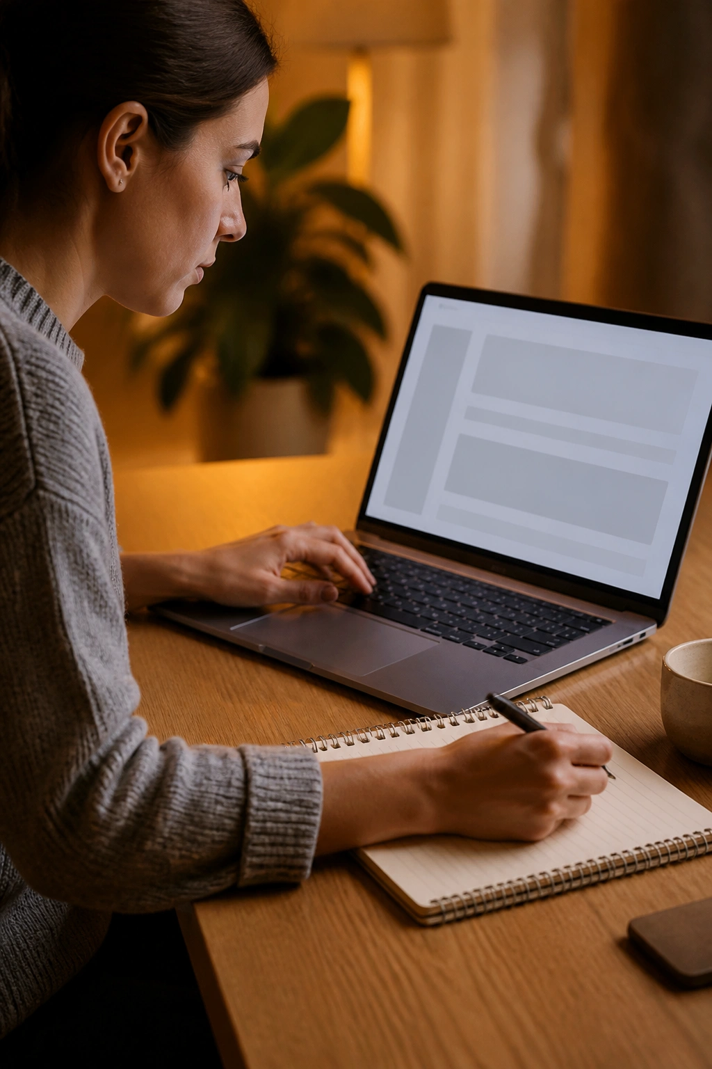 Person at desk using a clean pasting workflow with a scratchpad and laptop.