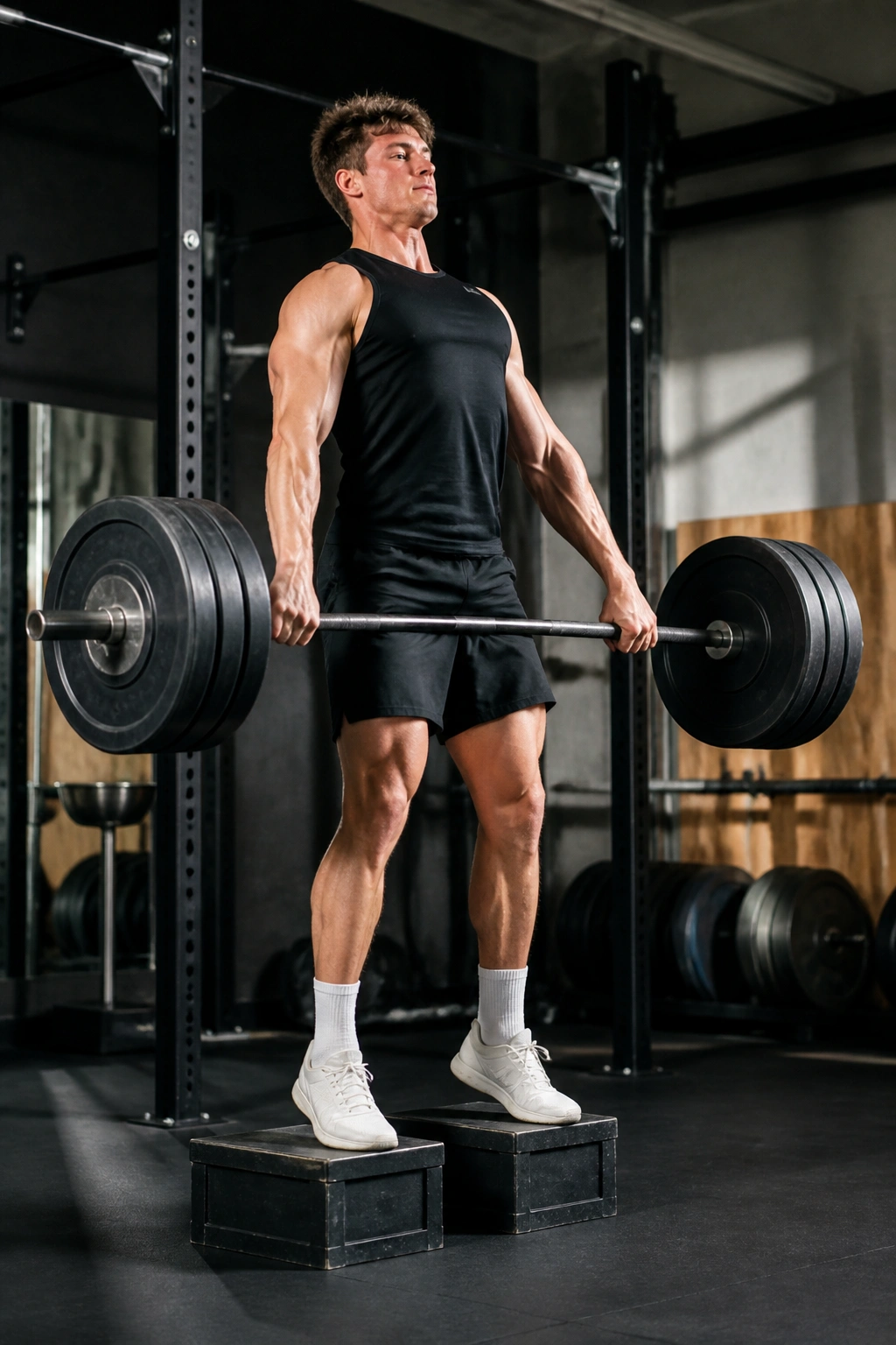 Lifter performing clean pulls from blocks in a gym.
