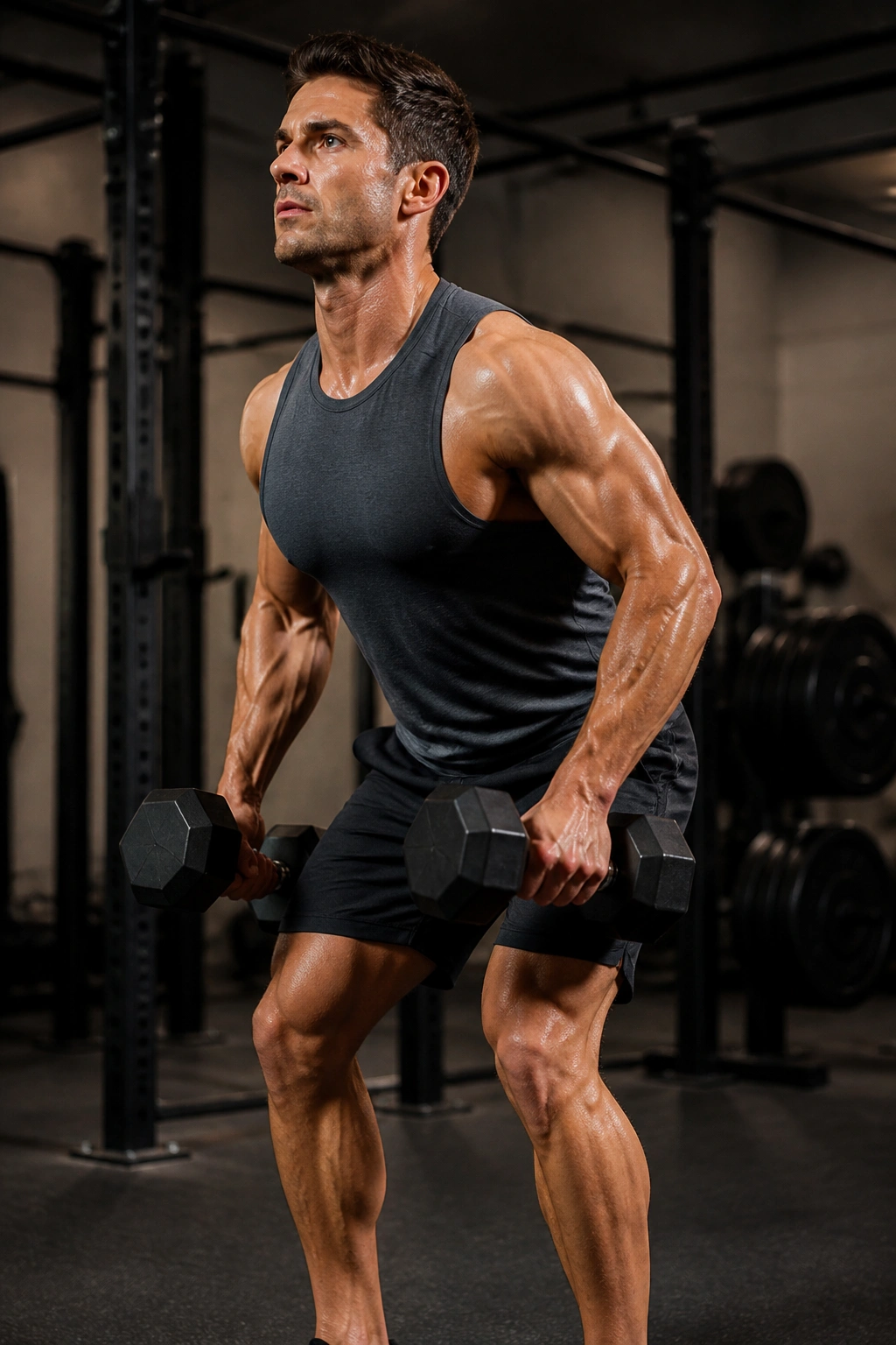 Real person performing dumbbell clean-to-press in gym