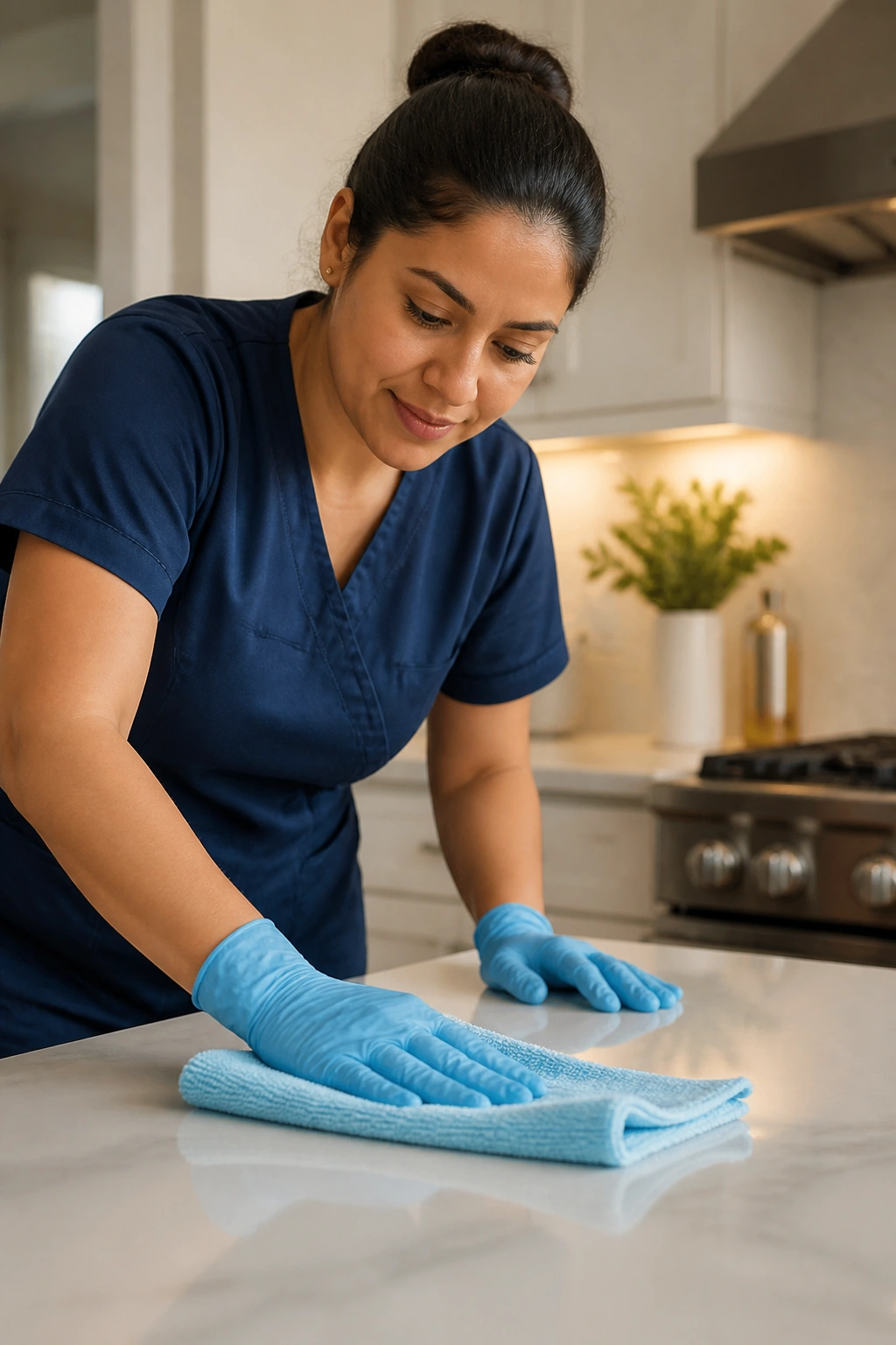 Professional cleaner wiping a kitchen counter