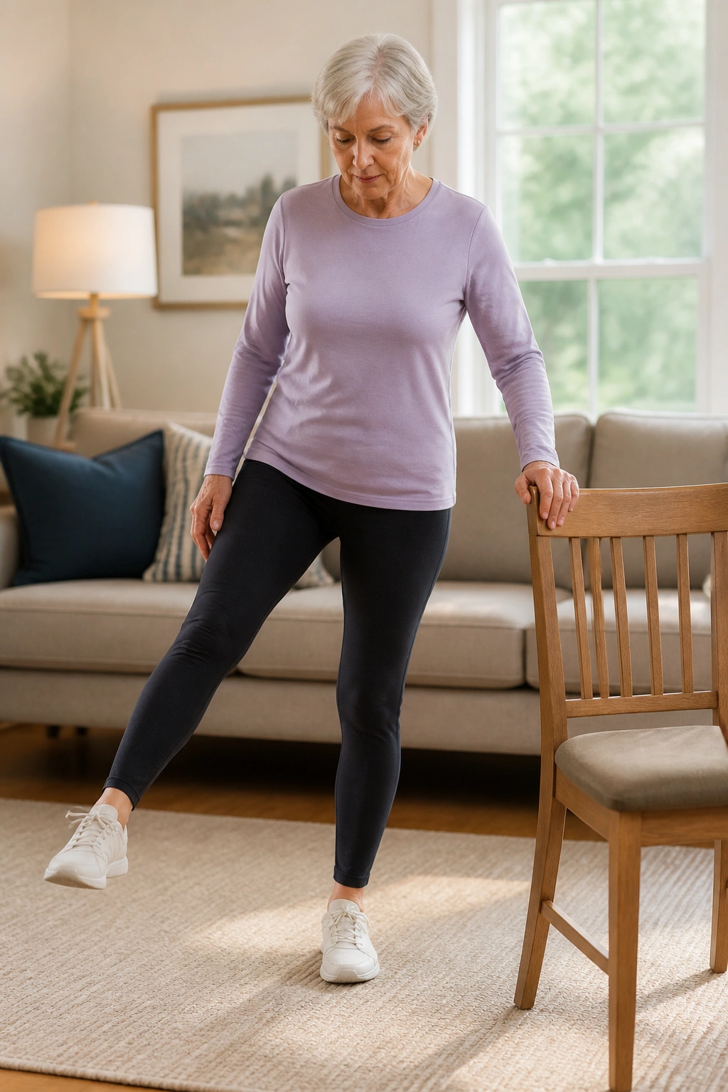 Older adult balancing on one leg performing clock-tap foot taps around positions