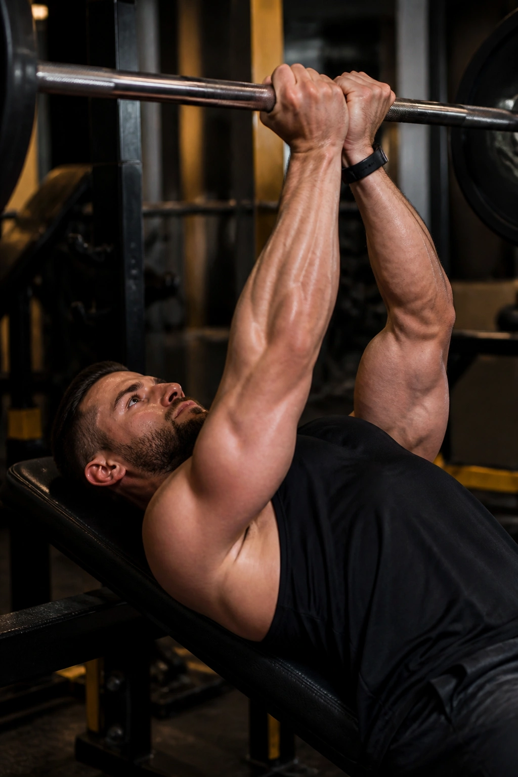 Mid-torso close-up of close-grip bench press focusing on triceps
