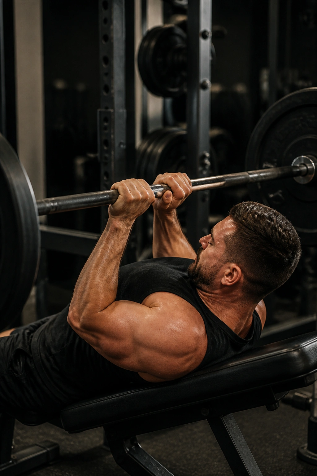 Medium close-up of a real person performing a close-grip bench press with elbows tucked and bar near chest