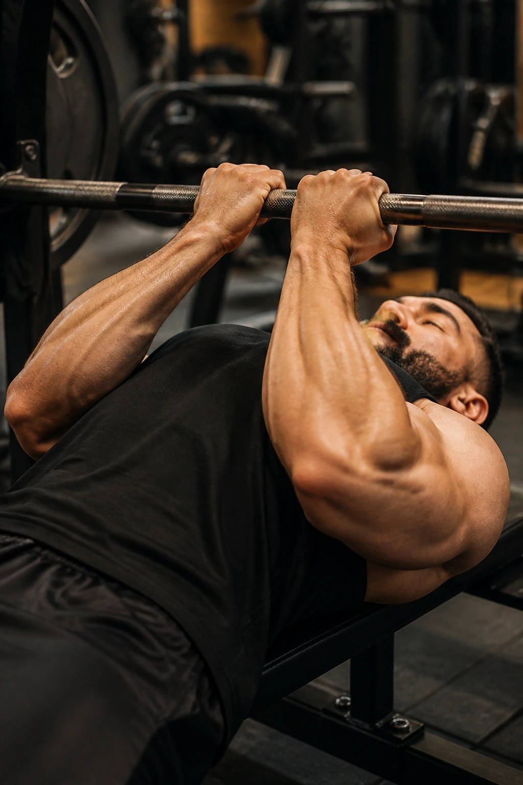 Close-up of lifter performing close-grip bench press in gym, highlighting triceps.