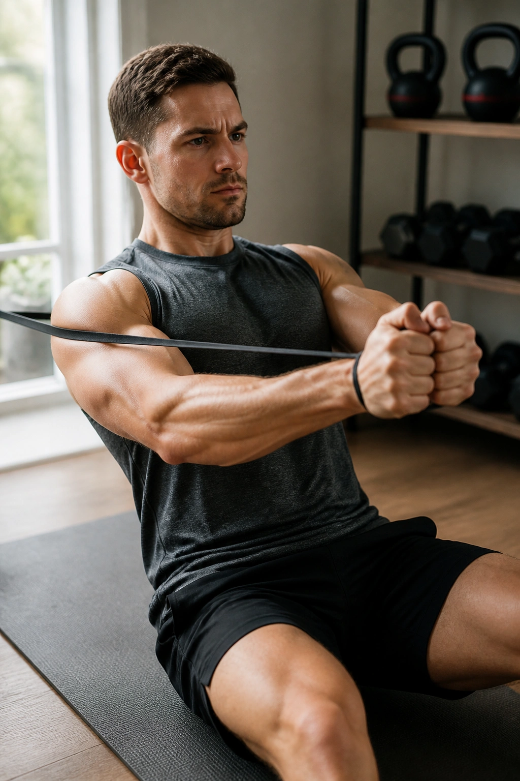 Person performing a close-grip chest press with resistance band
