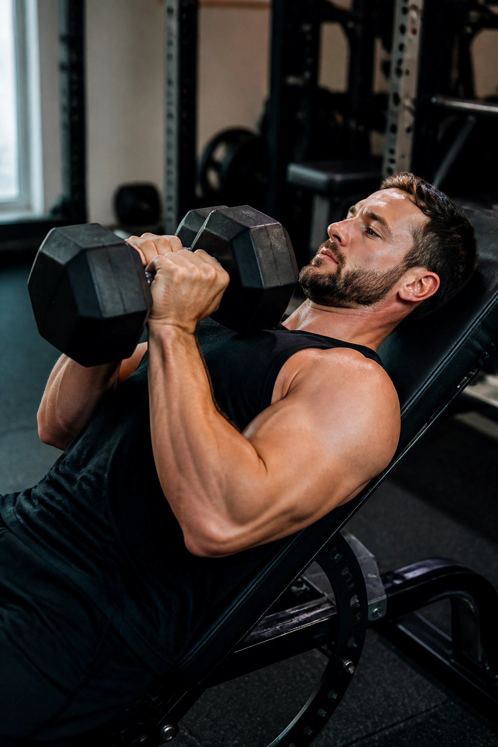Close-up of a person performing a close-grip dumbbell press in a gym