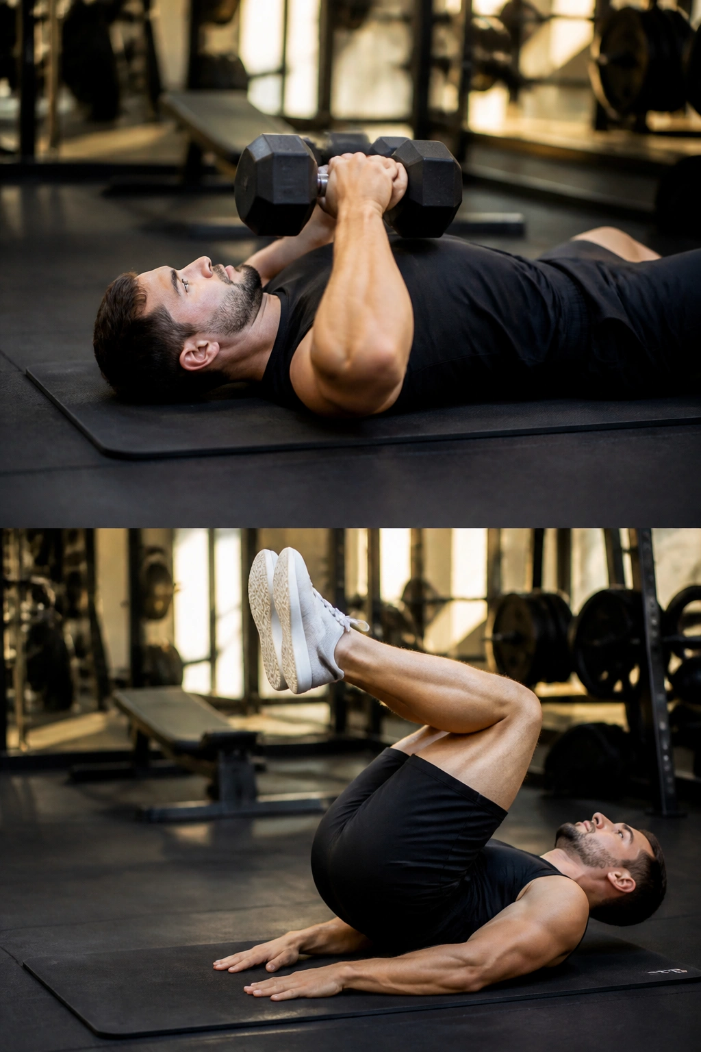 Person performing close-grip floor press on gym floor