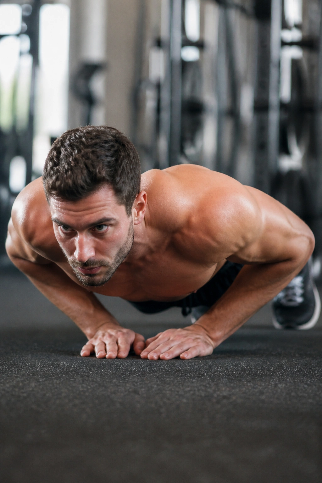 Close-up of a person performing a close-grip push-up with elbows tucked and core engaged.