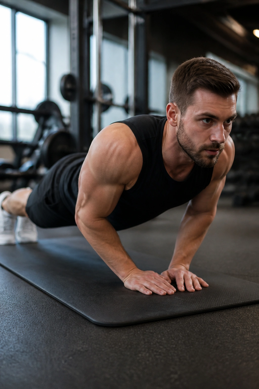 Medium close-up of person performing close-grip push-up on gym mat