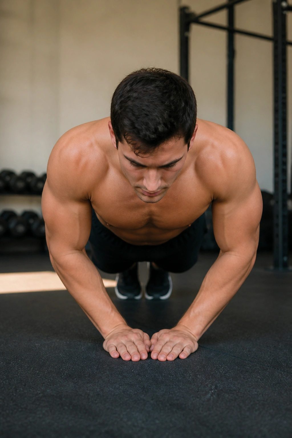 Person performing close-grip push-ups focusing on triceps with elbows tucked.