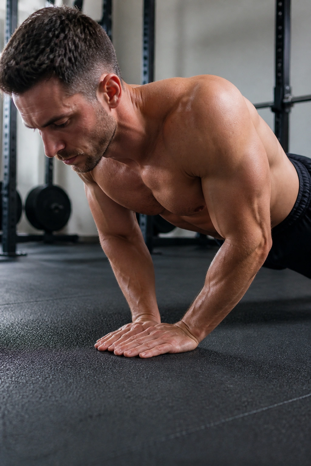 Real person performing close-grip push-ups emphasizing triceps.
