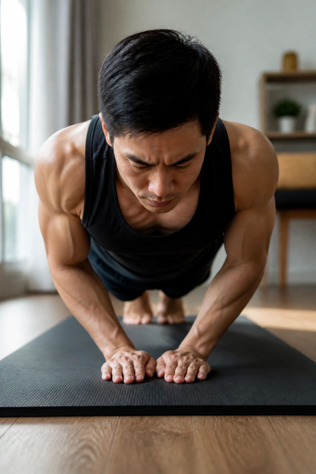 Close-up of a real person doing close-grip push-ups on a mat to highlight triceps and chest