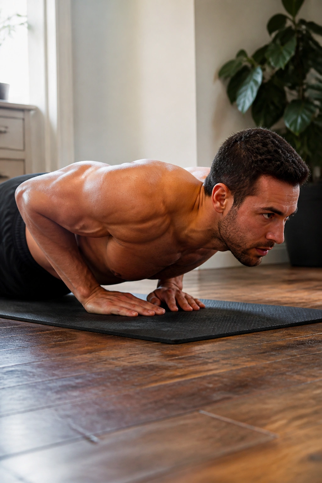 Real person performing close-grip push-ups with hands under chest on a mat.