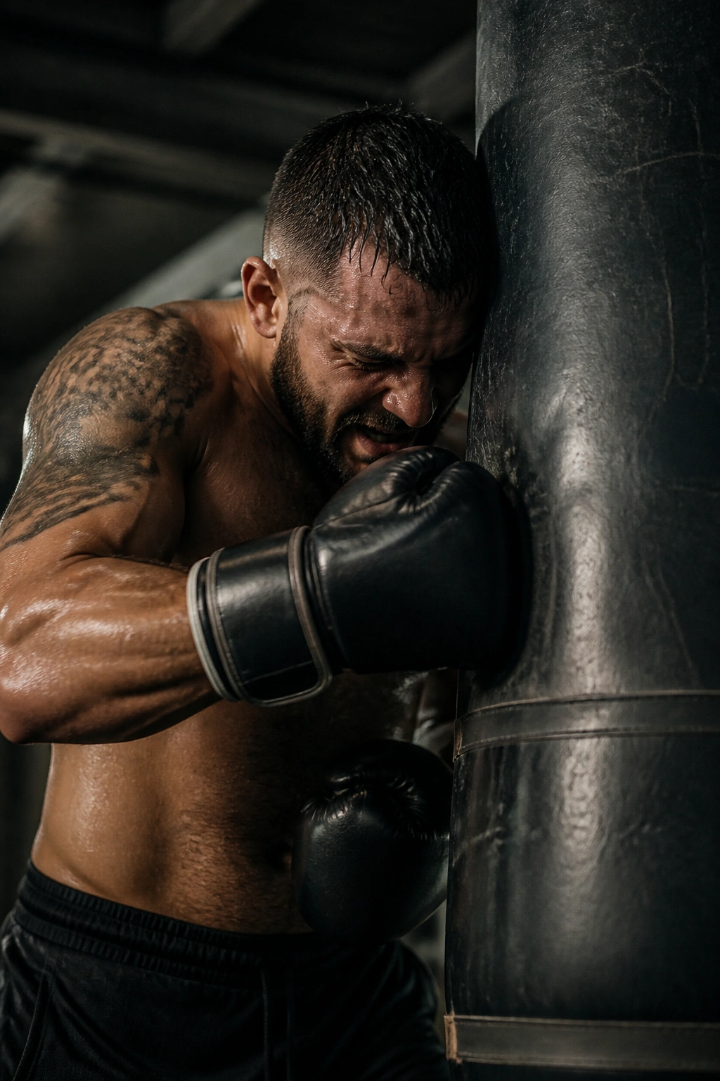 Boxer delivering close-range hooks against a heavy bag in a gritty gym