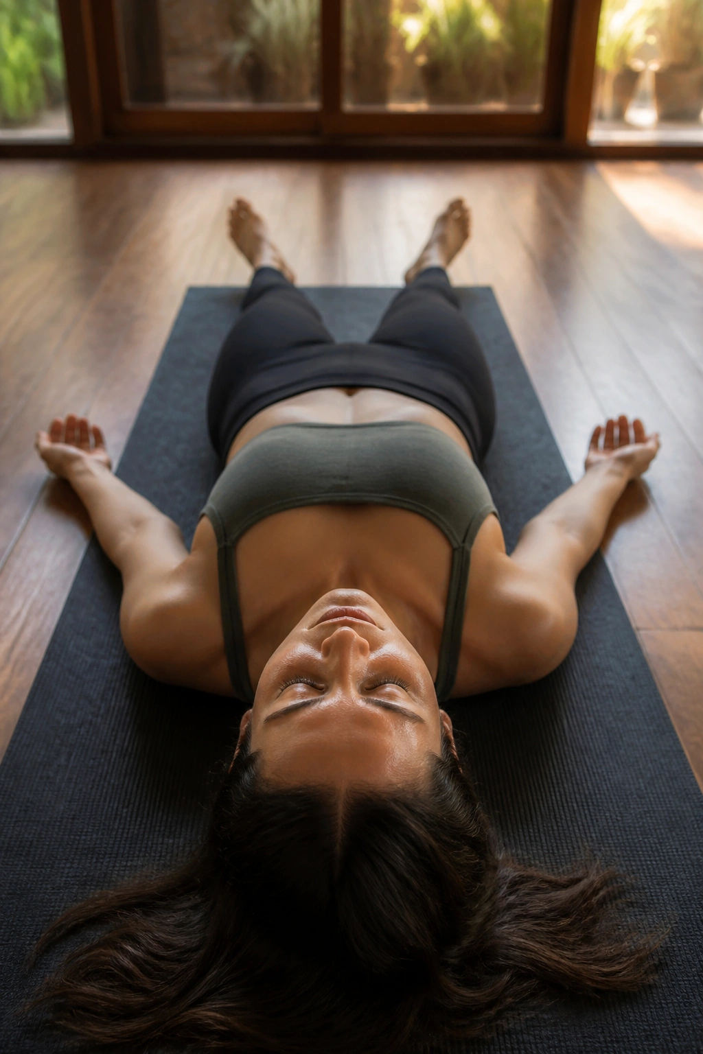 Person in savasana finishing yoga with calm expression under soft light.
