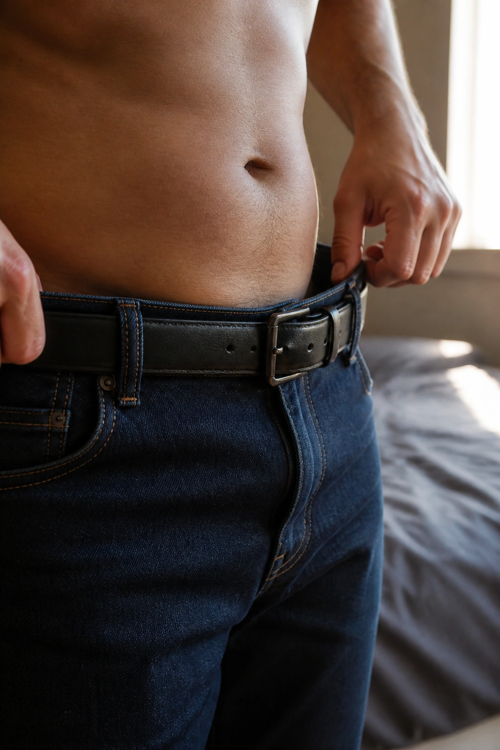 Close-up of a person adjusting jeans waistband in a bedroom