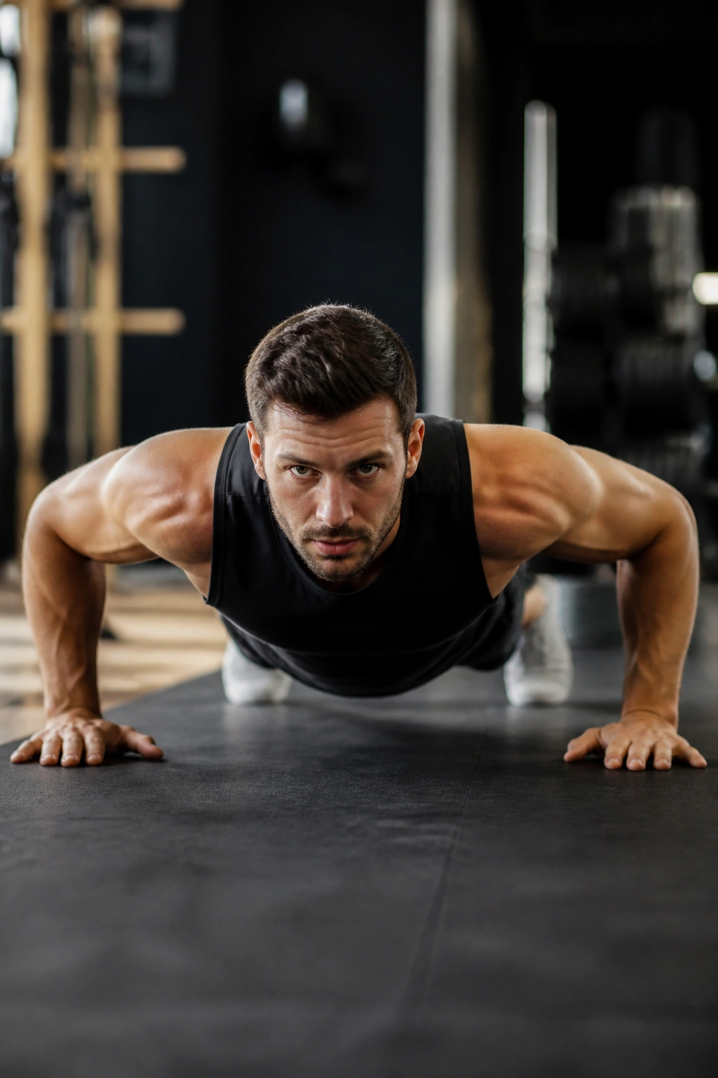 Person performing a precise push-up with crisp form emphasizing cluster-set technique