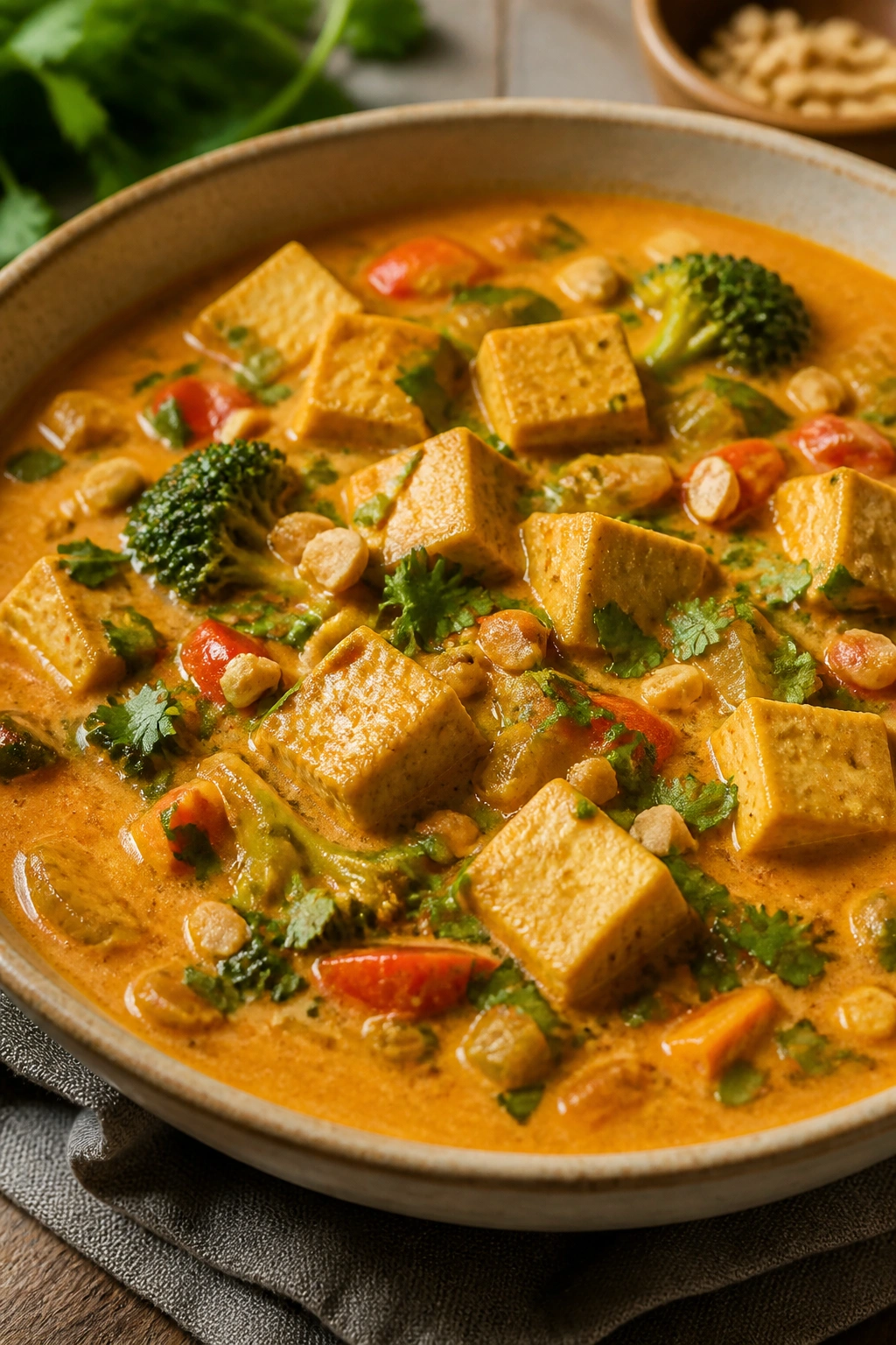 Coconut curry with tofu in a bowl