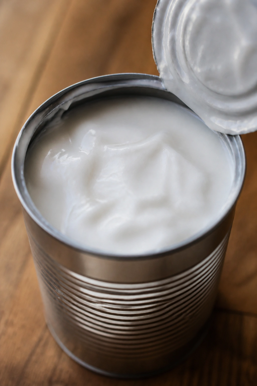 Open can of coconut milk with creamy liquid on a wooden counter