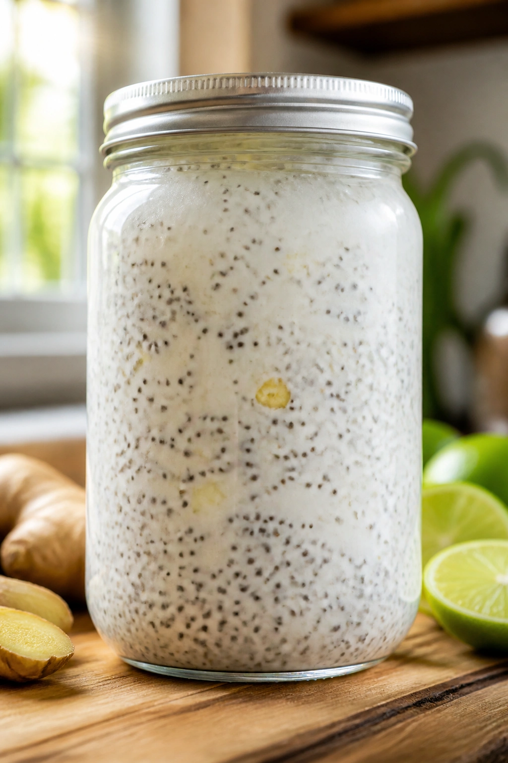 Close-up of pale coconut-water chia drink in a jar on a wooden counter with natural daylight