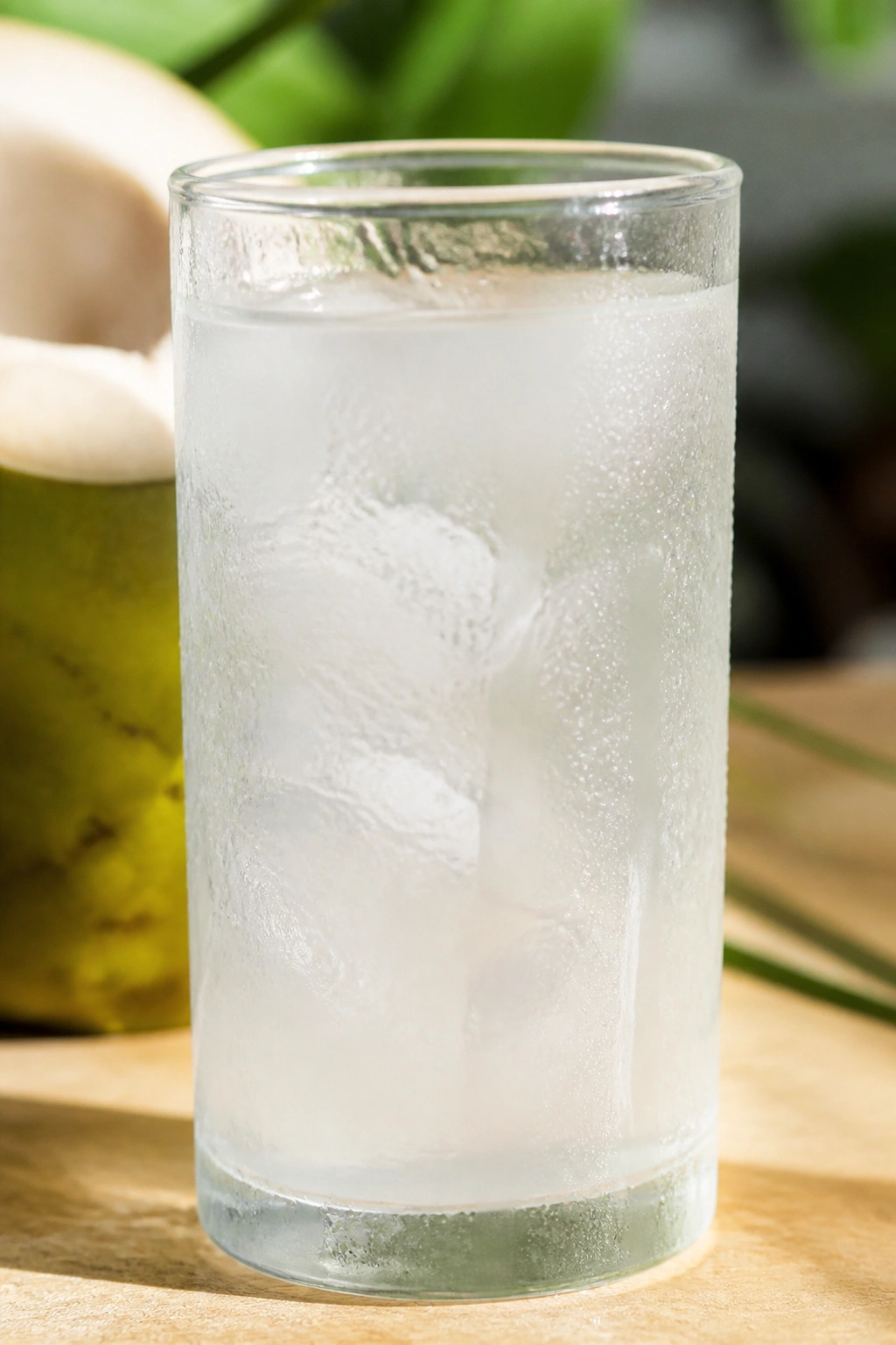 Glass of coconut water with condensation on a wooden counter