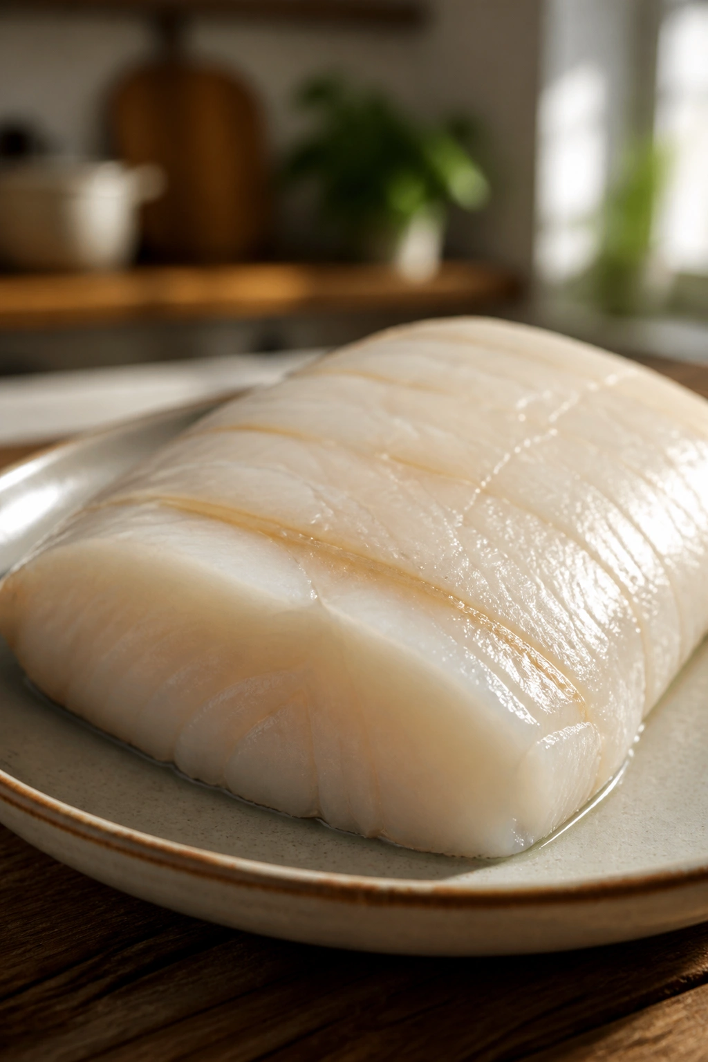 Close-up of a cod fillet on a plate in a warm kitchen