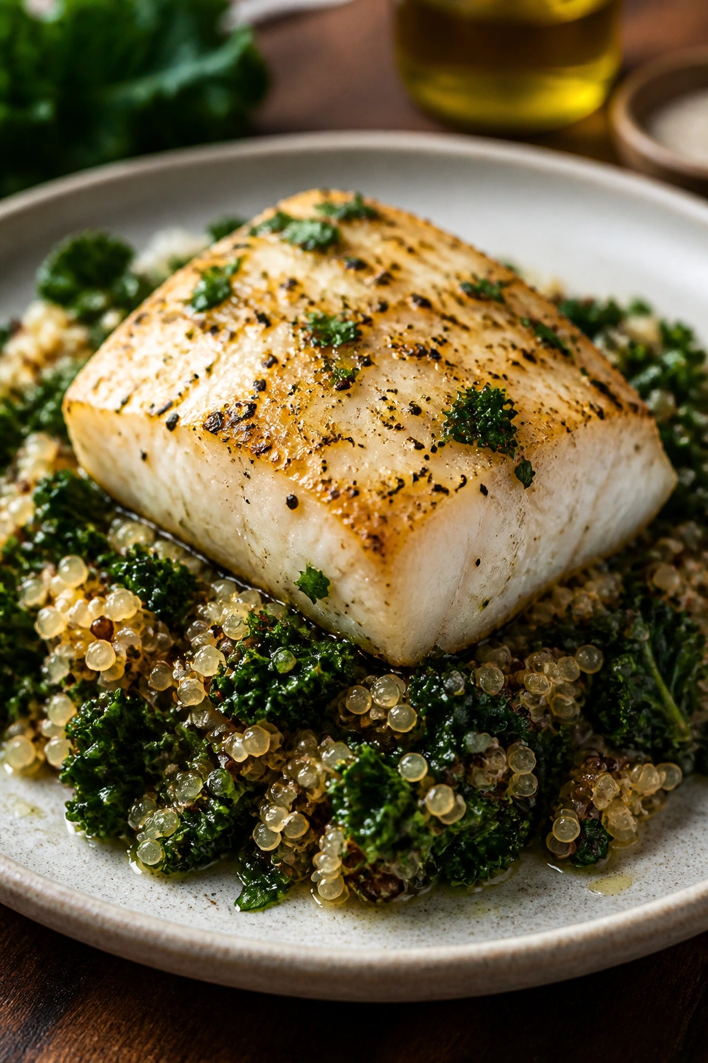 Cod with quinoa and kale on plate in a kitchen