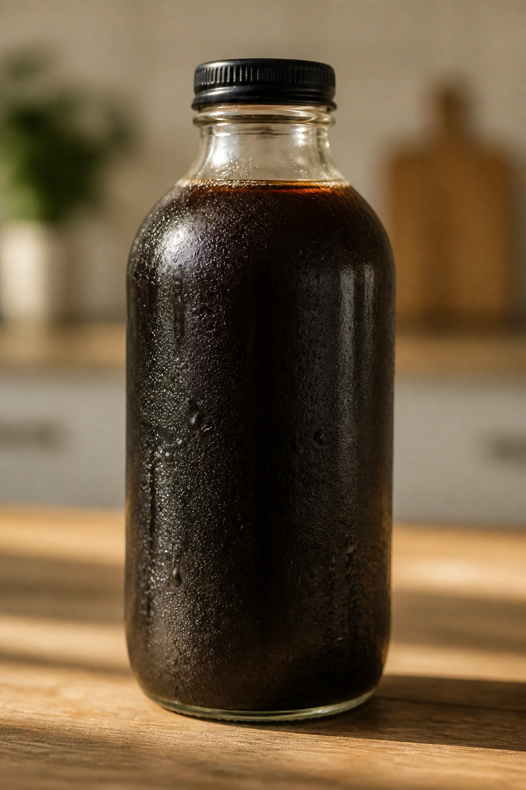 Bottle of cold brew concentrate on wooden surface