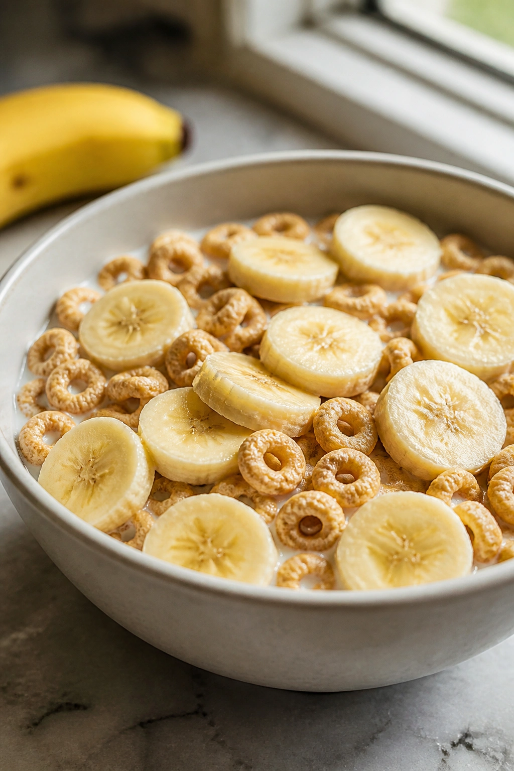 Close-up of a bowl of cold cereal with banana slices on a kitchen counter