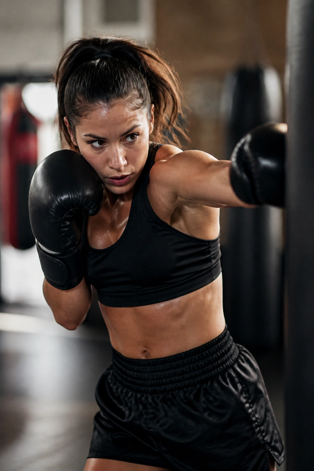 Boxer executing jab-cross-hook with slips during a combo flow.