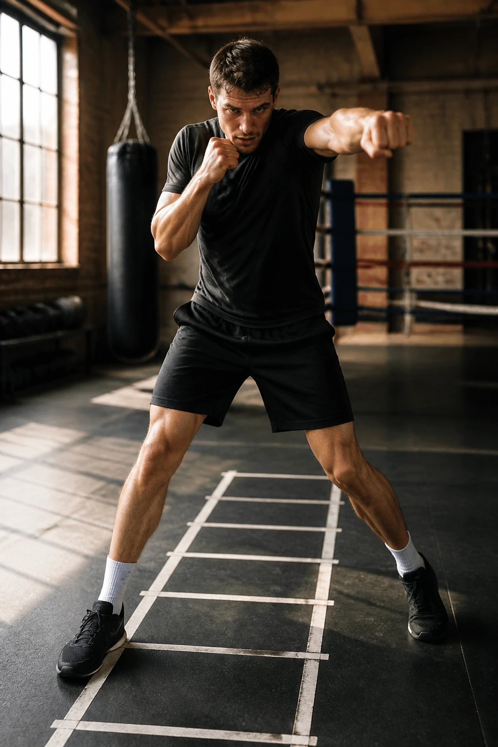 Boxer executing punch ladder sequence in air during drill
